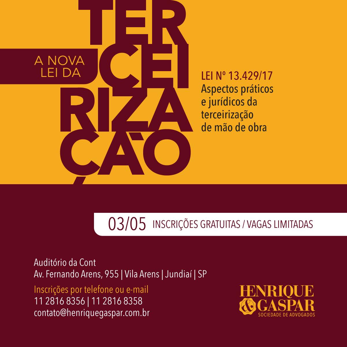 Continuam abertas as inscrições para a palestra Terceirização da Mão de Obra