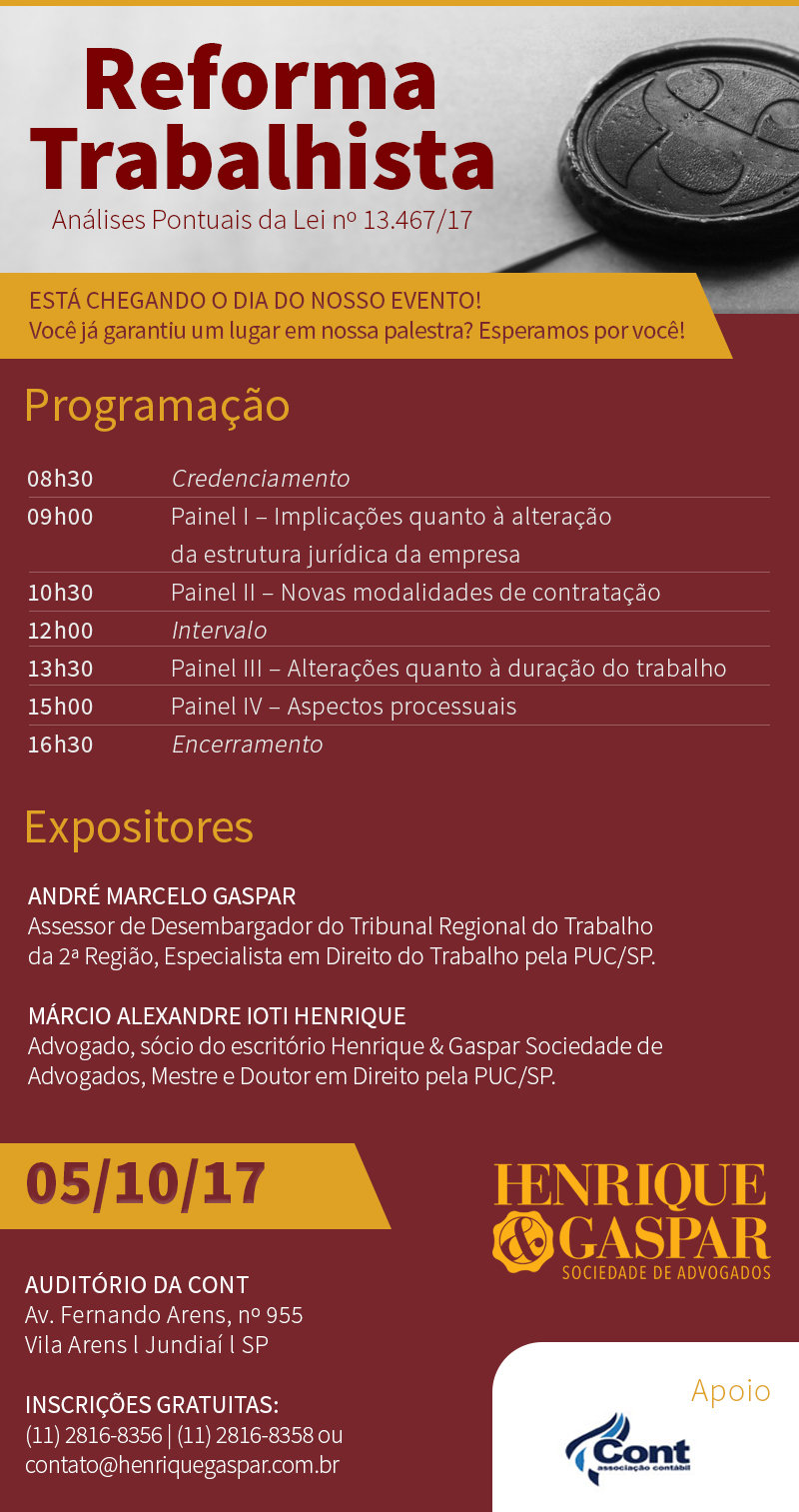 REFORMA TRABALHISTA: INSCRIÇÕES TERMINAM DIA 4 DE OUTUBRO
