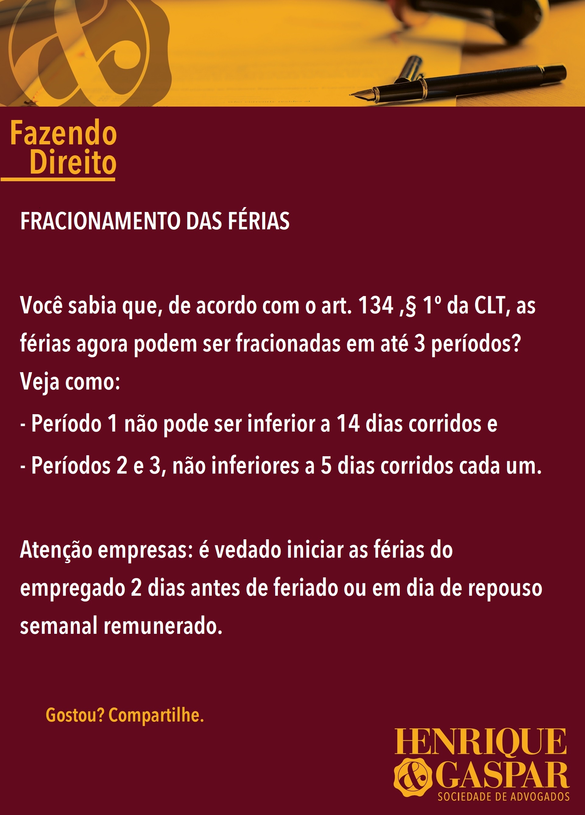 Fracionamento de Férias é o tema da coluna Fazendo Direito