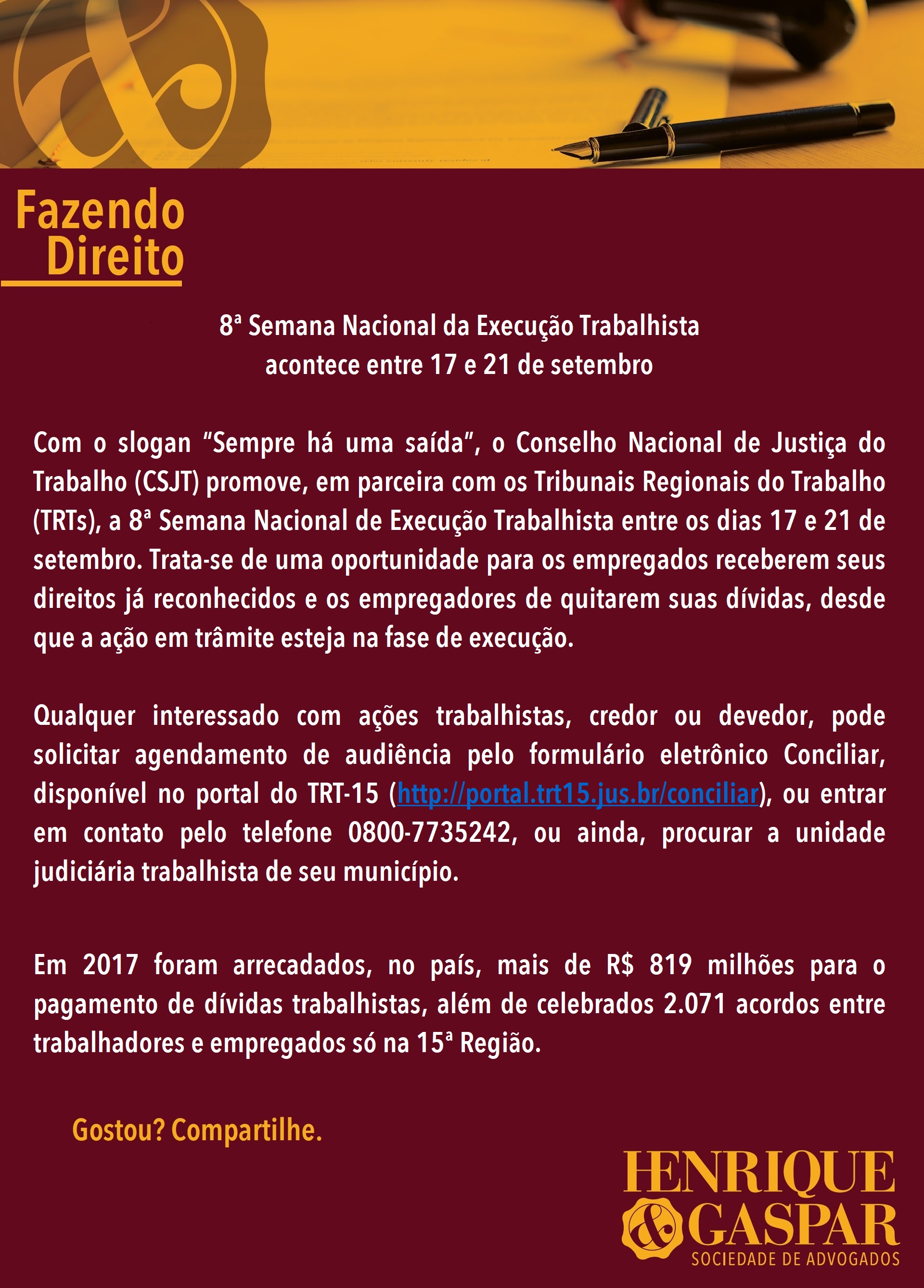 8ª Semana Nacional da Execução Trabalhista acontece entre 17 e 21 de setembro